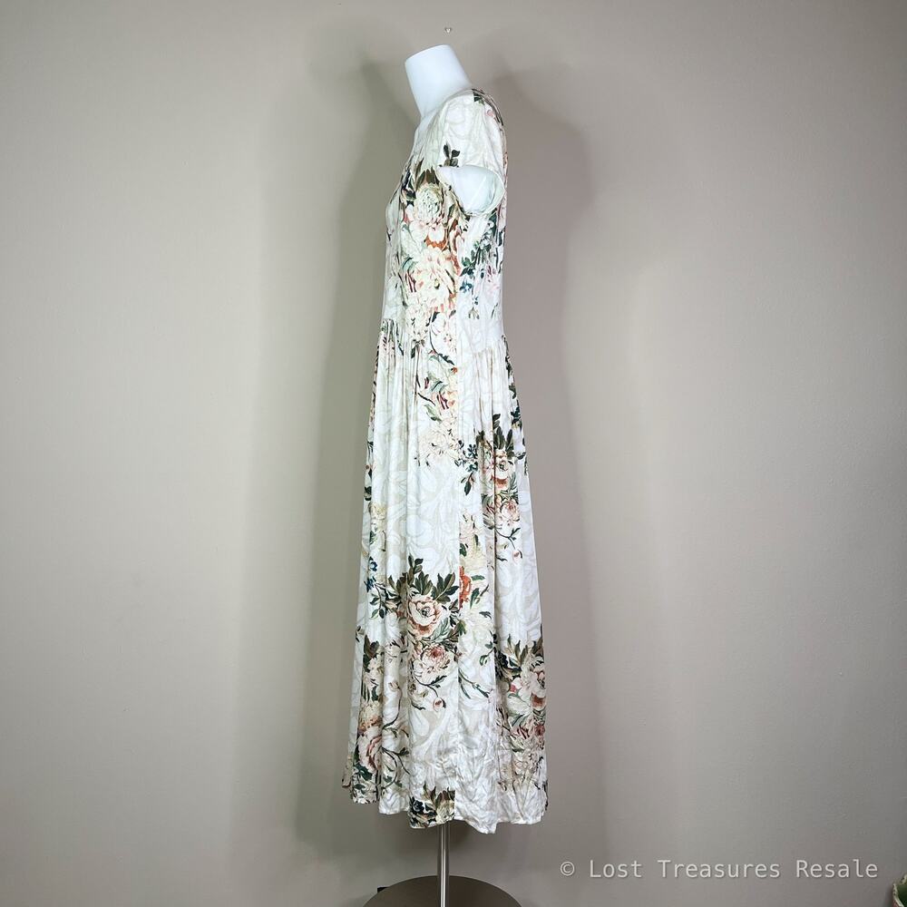 Peruvian Connection | Antique Floral Print Short Sleeve Soft Cream Midi Dress M - Picture 8 of 10